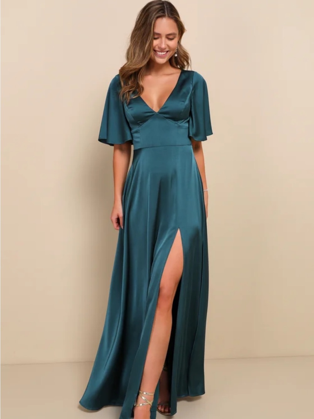 Lulu's Teal Satin V-Neck Maxi Dress with Flutter Sleeves